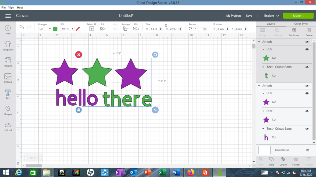 Cricut Design space view of attaching the green star and the green text
